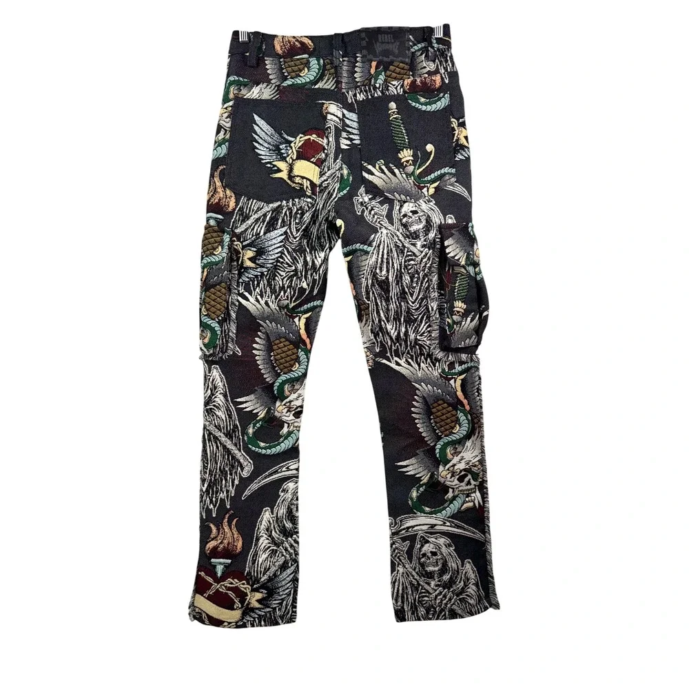 Rebel Vengeance Tapestry Cargo Pants sz 30 Grim Reaper Tattoo Print goth